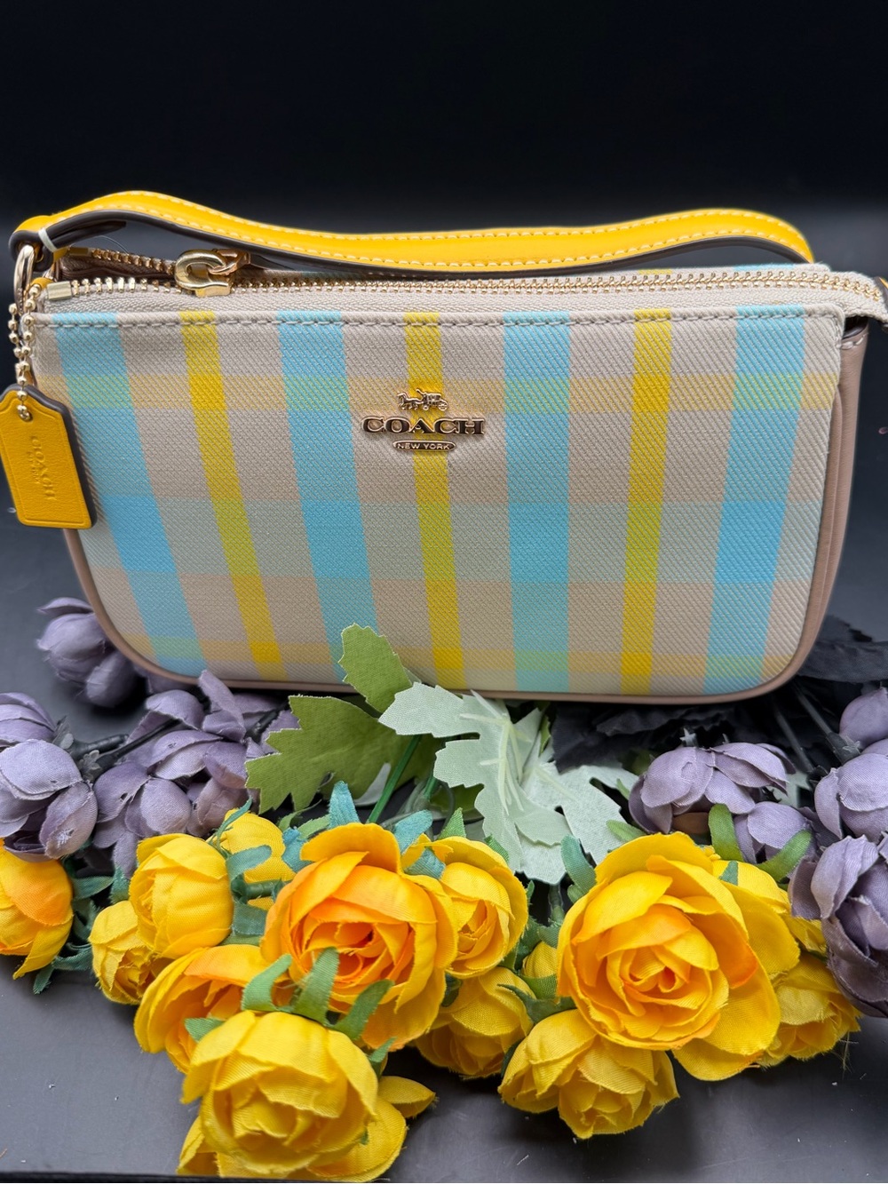Coach Plaid Leather Nolita 19 in Yellow & Blue
